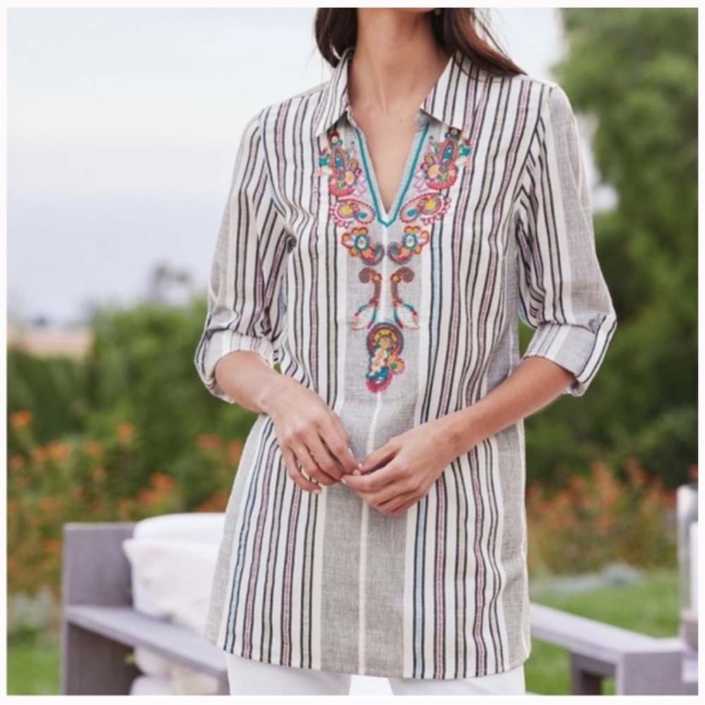 Soft Surroundings Brookhaven Aruba Floral Embroidered Longline Cotton Tunic